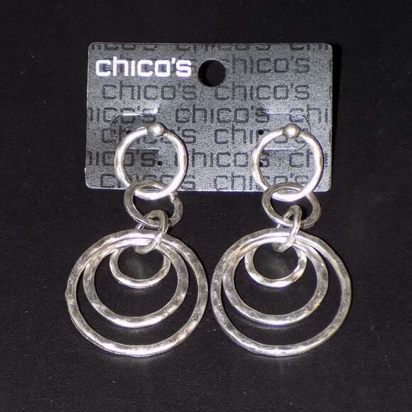 Chico's Hammered Silver Ring Link Statement Bib Necklace & New Earrings Set - Picture 3 of 7